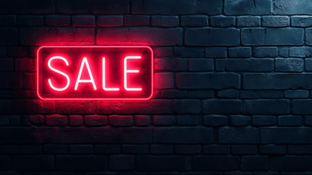 Bright neon sign glowing with the word "SALE" against a black brick wall, creating an eye-catching urban dの素材