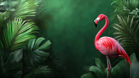 A stunning pink flamingo stands gracefully amidst deep green tropical foliage, creating a vibrant scene. This colorful composition evokes a sense of serene beauty, perfect for nature enthusiasts.の素材
