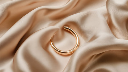 A stunning gold hoop earring gracefully resting on luxurious silk fabric, showcasing elegance and style. Ideal for fashion-forward jewelry displays and artistic presentations.の素材