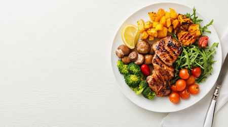 A beautifully arranged balanced healthy meal featuring grilled chicken, fresh vegetables, and fruits on a white plate, perfect for nutritious dining.の素材
