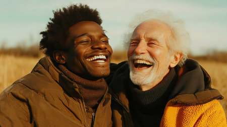 A heartwarming scene of a caregiver and a disabled person sharing joyful laughter in a beautiful outdoor setting, showcasing their strong bond and connection.の素材