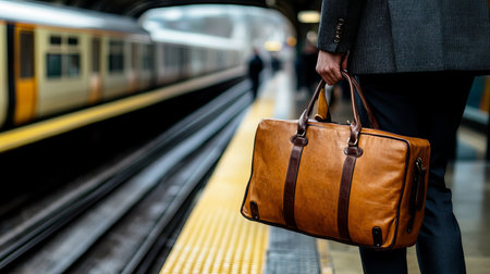 A person stands on a train platform holding a leather bag as a train approaches. This urban scene captures the essence of daily commuting, showcasing the blend of travel and city life.の素材