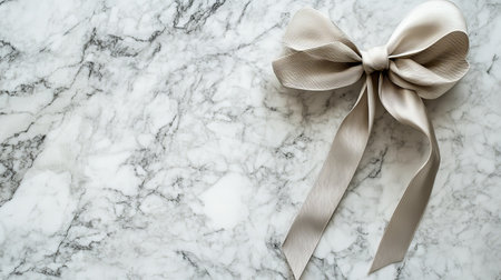 Discover an elegant ribbon bow resting on a polished marble surface, perfect for stylish presentations or gift wrap inspirations. Ideal for luxury design themes.の素材