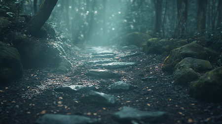 A serene pathway through a lush forest, illuminated by soft sunlight streaming through trees, inviting exploration and tranquility. Perfect for nature themes.の素材