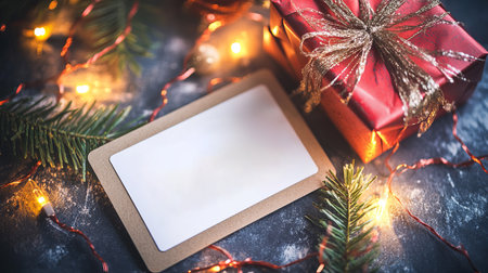 A beautifully arranged flat lay featuring a blank gift card surrounded by festive lights, a wrapped gift, and holiday greenery, perfect for winter celebrations.の素材