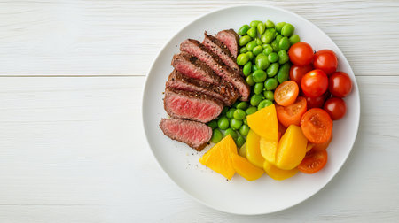 A delicious and visually appealing balanced meal on a white plate showcases fresh fruits, vegetables, and perfectly cooked beef. Enjoy a colorful and nutritious dining experience.の素材