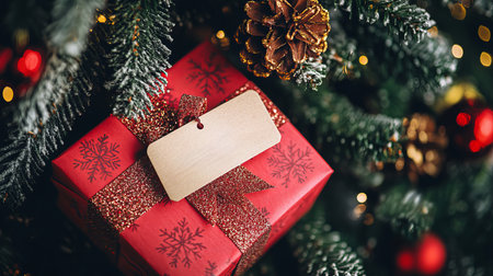 A stunning red gift box adorned with a glittery ribbon and blank tag, nestled among festive pine branches and ornaments, perfect for holiday celebrations.の素材