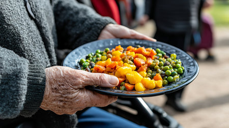 A caring individual assists a person with mobility challenges while they enjoy a vibrant plate of healthy vegetables at a family event, highlighting support and community engagement.の素材
