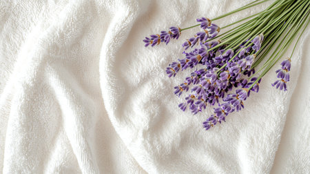 Capture the essence of tranquility with freshly picked lavender sprigs gracefully laid on a clean, white towel. This serene setup invokes feelings of relaxation and beauty, perfect for wellness themes.の素材