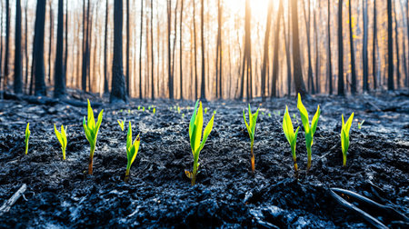 A stunning view of fresh green shoots emerging from the dark soil of a burnt forest, illuminated by the warm sunlight at dawn.の素材