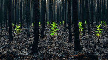 This captivating image showcases fresh green shoots sprouting from the burnt ground of a dark forest. It symbolizes nature's resilience and ability to recover after a wildfire, highlighting the contrast between life and destruction.の素材