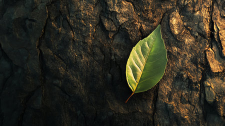 A vibrant, bright green leaf rests on a textured dark brown tree trunk, highlighting the beauty of nature. Perfect for showcasing organic elements in photography.の素材