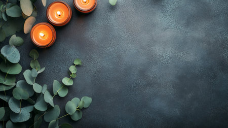 Experience tranquility with aromatic candles and fresh eucalyptus leaves arranged on a textured background, perfect for holistic relaxation and wellness.の素材