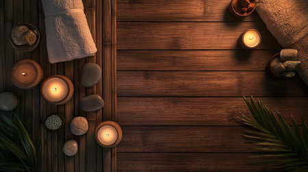 Experience a tranquil spa setting featuring soft lighting, candles, and smooth stones. Perfect for relaxation and rejuvenation, this composition inspires a sense of calm and wellness.の素材