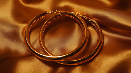 A pair of elegant gold hoop earrings resting on luxurious silk fabric, capturing the essence of upscale fashion and beauty. Perfect for jewelry showcases.の素材