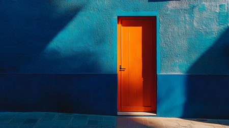 A striking orange door set against a deep blue wall, showcasing modern architectural design in vibrant sunlight. Perfect for showcasing color contrast and urban aesthetics.の素材