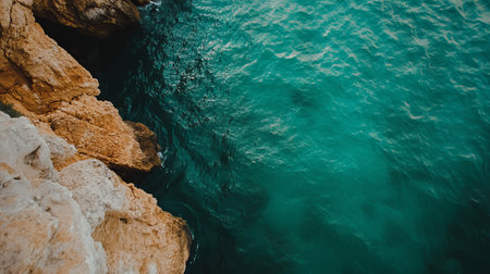 Discover a breathtaking view of turquoise ocean waves gently lapping against rugged brown rocky cliffs, showcasing nature's stunning coastal beauty under clear skies.の素材