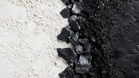 Experience the unique contrast of white sandy beach meeting dark volcanic rocks in this serene landscape, perfect for travel, relaxation, and nature enthusiasts.の素材