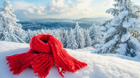A bright red scarf rests on a blanket of snow, surrounded by a serene winter landscape filled with white trees, capturing the essence of a peaceful cold season.の素材
