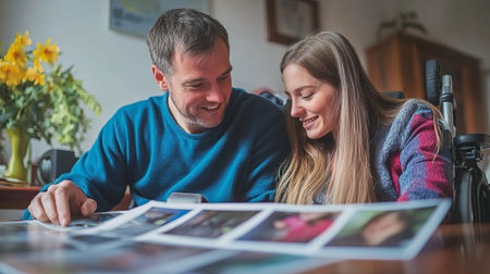 A heartwarming scene capturing a caregiver and a disabled person sharing joyful moments while reviewing photographs together, surrounded by a cozy home atmosphere and vibrant flowers.の素材
