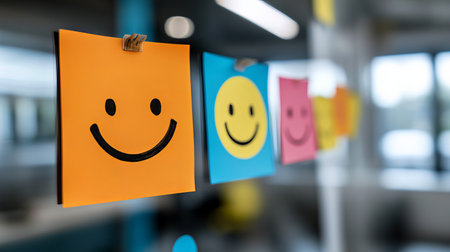 A vibrant collection of sticky notes displaying positive affirmations and smiley faces placed on a mirror. This colorful arrangement adds a cheerful touch to any workspace, promoting motivation and inspiration.の素材