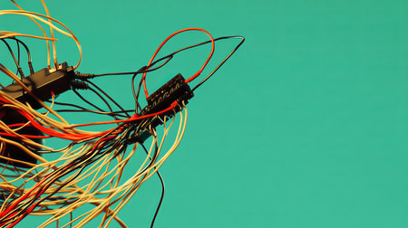 A close-up view of colorful cables and electrical wiring, showcasing an electricianの素材