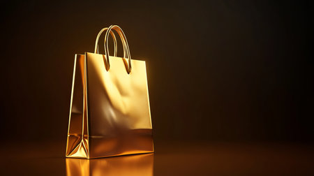This elegant golden shopping bag with glowing edges stands out against a dark background, ideal for showcasing upscale products.の素材