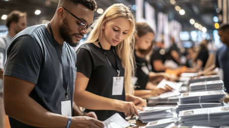 Coworkers actively preparing for a fundraising event, showcasing teamwork and community spirit while engaging in a meaningful project together.の素材