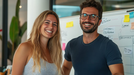 Two coworkers smile while standing near a whiteboard, engaged in a lively brainstorming session in a modern office environment.の素材