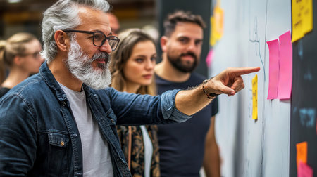 A vibrant working space showcasing a diverse group engaged in a collaborative brainstorming session. Their expressions reflect creativity and teamwork as they share ideas on a project, fostering an inspiring atmosphere.の素材