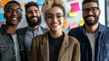 A group of diverse professionals smiling and collaborating in a modern office, surrounded by colorful sticky notes. This image captures the essence of teamwork and creativity.の素材