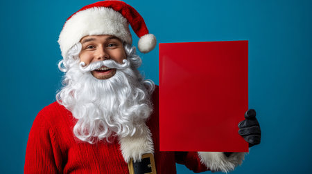 Cheerful male Santa Claus holds a blank red sign, perfect for holiday sale promotions. His joyful expression adds a fun touch to any festive marketing campaign.の素材