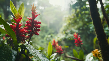 Explore the beauty of a lush green rainforest filled with vibrant flowers and rich foliage, bathed in soft light that creates a tranquil atmosphere.の素材