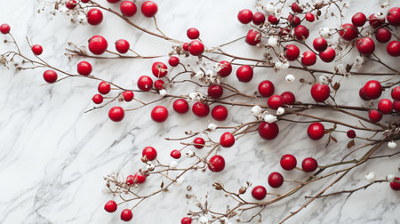 This striking background features red berries and white flowers elegantly arranged on a marble surface, ideal for creative and festive designs.の素材