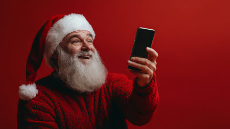 A cheerful man dressed as Santa holds a smartphone, taking a joyful selfie against a vibrant red background, capturing the festive spirit of the season.の素材