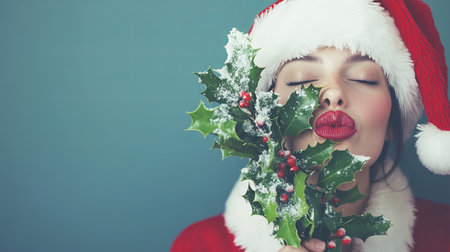 A joyful woman in a Santa costume blowing a kiss while holding holly, embodying the festive spirit of Christmas. Her playful expression and vibrant colors create a warm holiday vibe.の素材