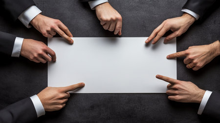 A dynamic business meeting in a modern office setting, showcasing a group of professionals collaborating and discussing innovative ideas. The hands point towards a central blank space, symbolizing a shared focus and teamwork.の素材