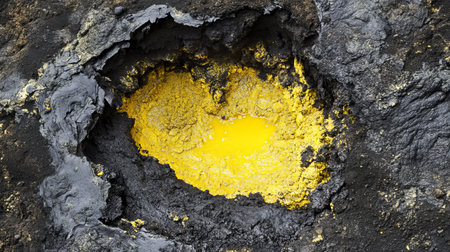 A striking view of a sulfuric yellow crater nestled within dark volcanic soil, showcasing nature's raw beauty and geological diversity.の素材