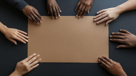 A captivating top view of diverse hands gathered around a blank paper, symbolizing teamwork and collaboration for various projects. Perfect for creative and business themes.の素材