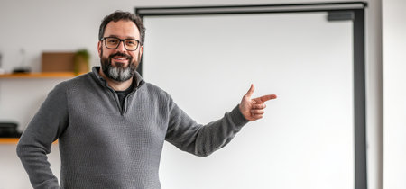 A confident speaker presents a workshop in a business casual setting, engaging the audience with informative insights and dynamic communication techniques.の素材