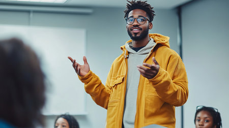A student confidently presents a project in front of a class, showcasing skills in communication and engagement. The vibrant educational environment encourages active participation and creativity.の素材