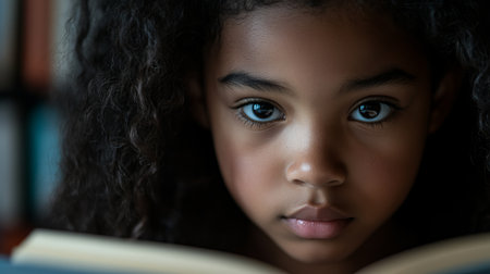A close-up of a young girl with curly hair, deeply focused on reading a book. Her intense gaze and serene expression highlight the joy of discovery and learning.の素材