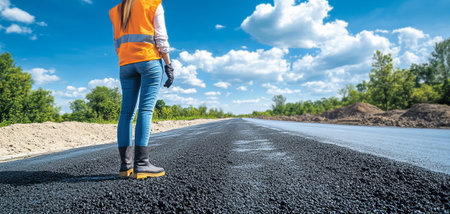 A female civil engineer inspects a newly paved road under a bright blue sky, showcasing her professionalism in the construction industry.の素材