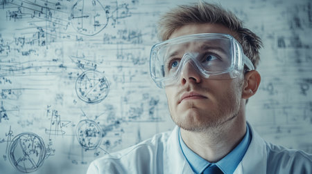 A focused engineer wearing safety goggles reviews complex formulas and diagrams in a laboratory setting, emphasizing the importance of safety and precision in innovative projects.の素材