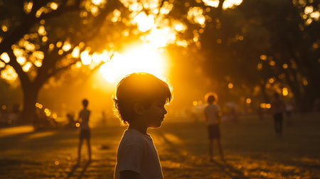 A serene silhouette of a child playing in a park during sunset, capturing the essence of family fun and outdoor adventure. This image embodies joyful moments.の素材