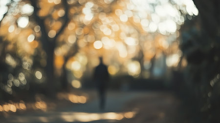 A serene image of a person walking alone in a park, surrounded by trees, under gentle sunlight, capturing a tranquil moment in nature.の素材