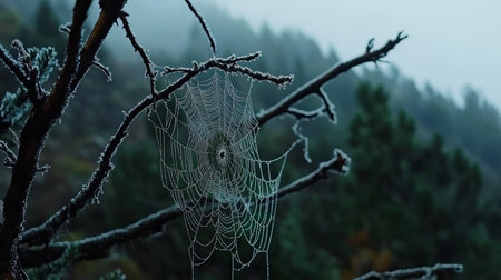 A stunning close-up of a dew-covered spider web, delicately hanging from a tree branch in a misty landscape. The soft-focus background reveals a tranquil forest atmosphere.の素材