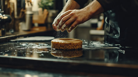 A person diligently scrubbing a dirty kitchen counter with a sponge, showcasing the importance of cleanliness and home care in a warm, inviting setting.の素材