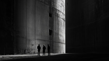 Three engineers engage in a focused discussion near a large distillation column in an industrial setting, showcasing teamwork and innovation.の素材