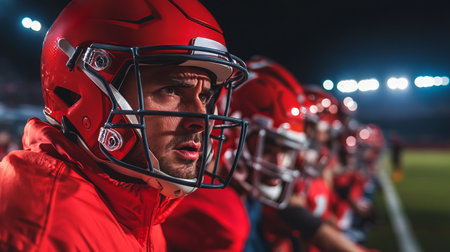 A focused football coach motivates players from the sidelines during an intense nighttime game. The scene captures the spirit of teamwork and determination.の素材